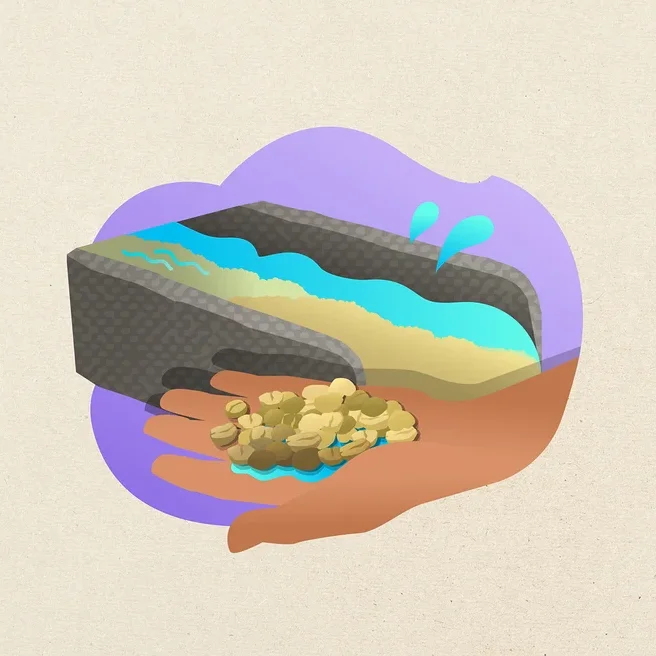 Wasser und Sand fließen aus einem grauen Trog in eine offene Hand, die hellfarbige Bohnen und Wasser hält.