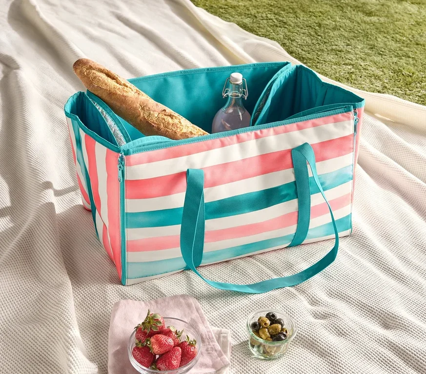 Pikniková deka s pruhovanou chladiacou taškou, bagetou, fľašou vody, jahodami a olivami.