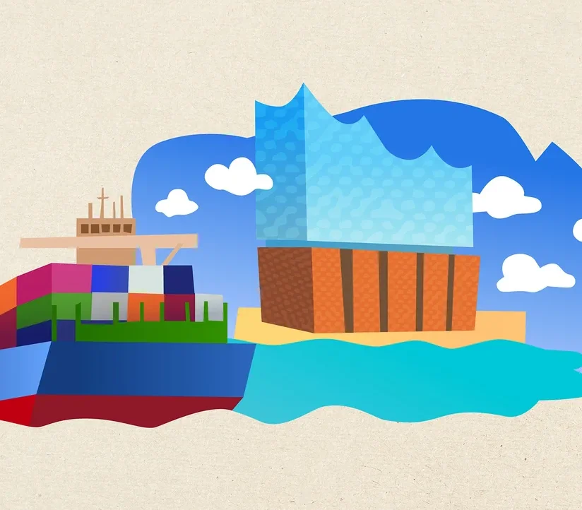 Illustration eines Containerschiffs mit bunten Containern, das an einem Gebäude vorbeifährt, das der Elbphilharmonie ähnelt, mit Wasser und blauem Himmel mit Wolken.
