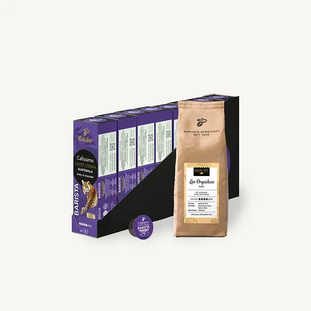 Balenie kapsúl Cafissimo Caffe Crema Guatemala, kávová kapsula a balenie zrnkovej kávy Rarität Las Orquídeas.