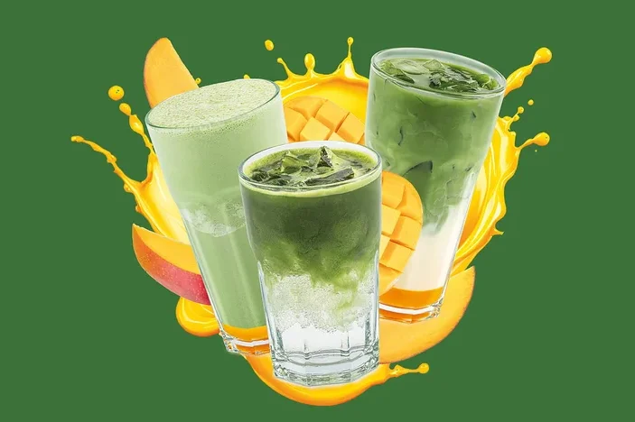 Tri poháre so zelenými nápojmi, plátkami manga a žltou špliechancou. Ľavý pohár obsahuje svetlozelené smoothie, stredný a pravý pohár vrstvené ľadové zelené nápoje.