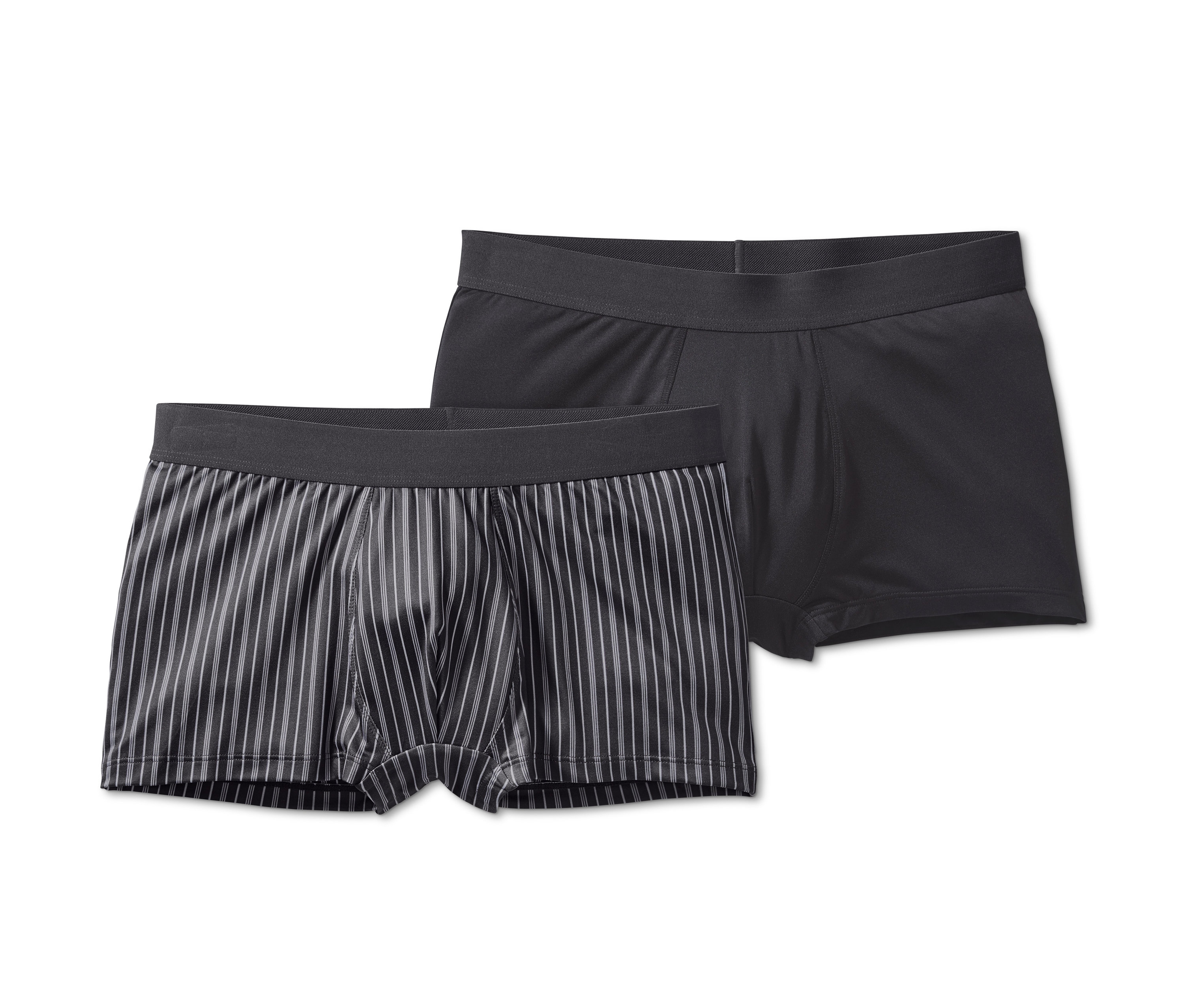 Dvoje pánske boxerky z mikrovlákna, jedny čierne, druhé so sivými prúžkami.