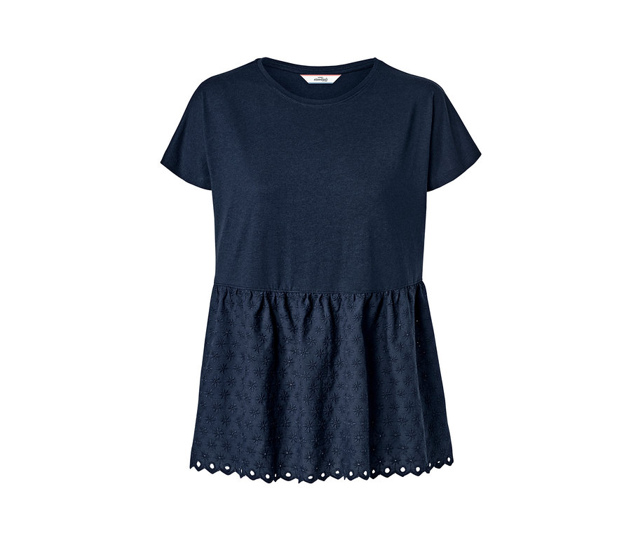 Tmavomodré tričko zo zmesi materiálov s výšivkou.