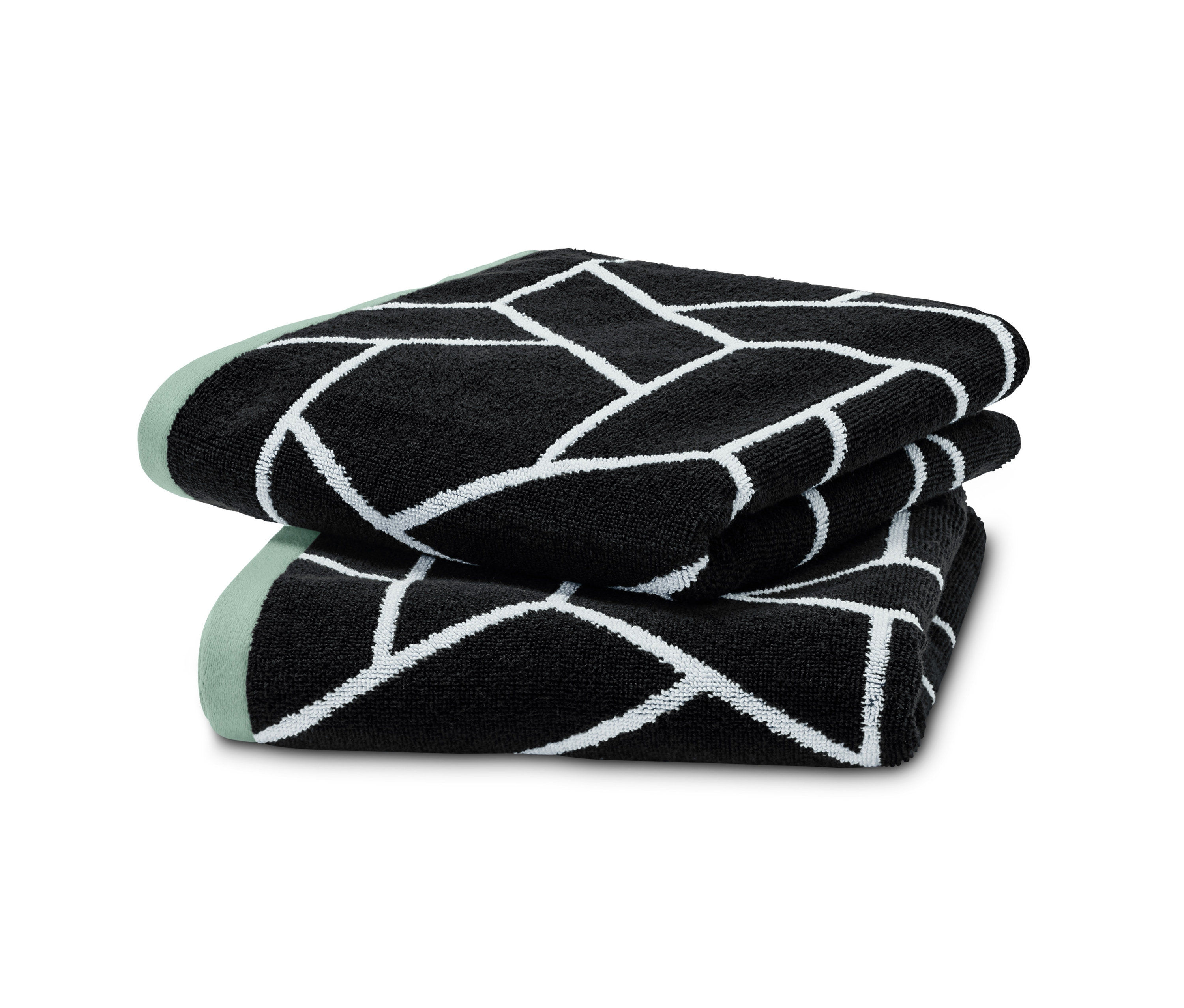 Poukladané žakárové uteráky, 2 ks, čiernej farby s bielym geometrickým vzorom.