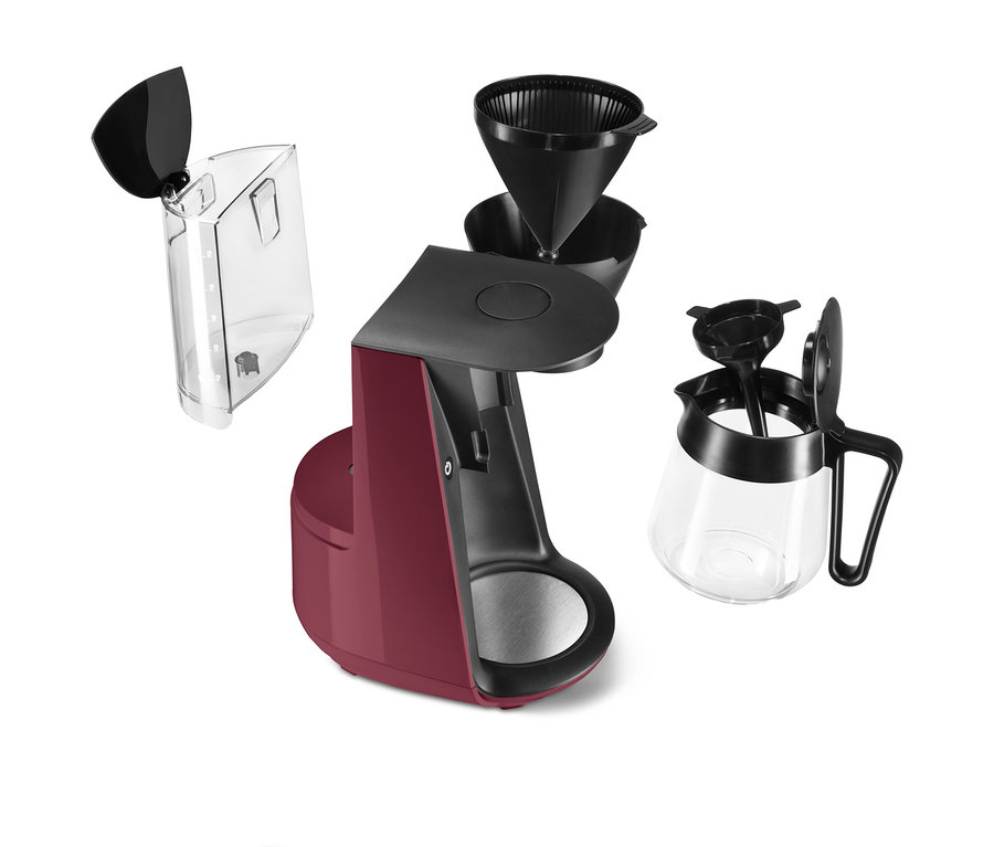 Červený kávovar na prekvapkávanú kávu »Let's Brew« a jeho príslušenstvo.