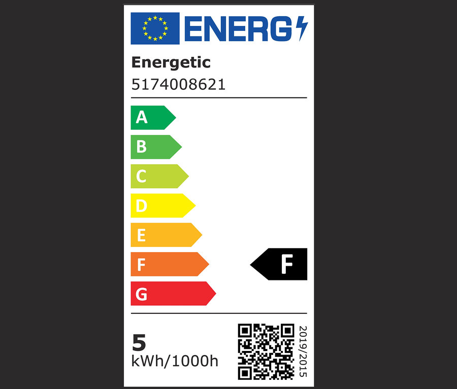 Energetický štítok s triedami A až G a spotrebou 5 kWh/1000h.