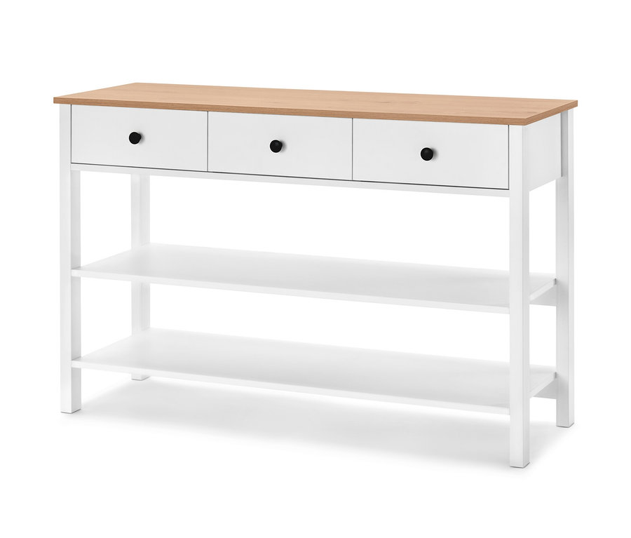 Biely príborník so zásuvkami a svetlou doskou.