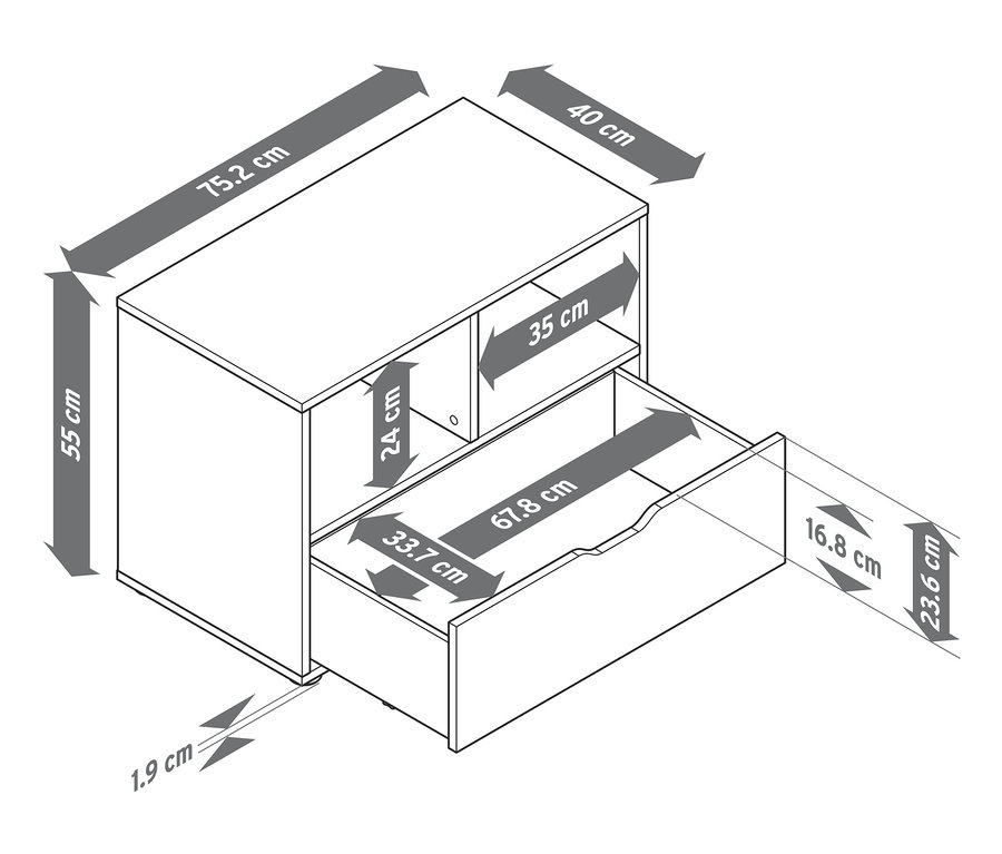 Nákres komody so zásuvkou a uvedenými rozmermi.