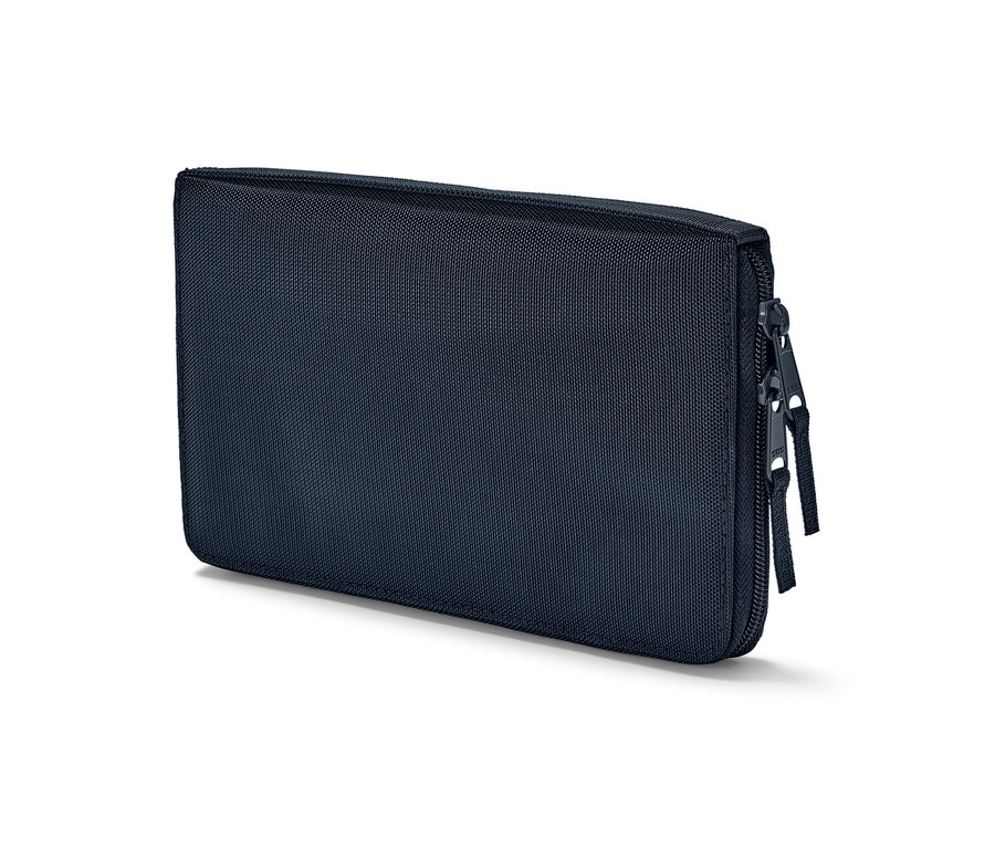 Tmavomodré puzdro na doklady s dvoma zipsami.