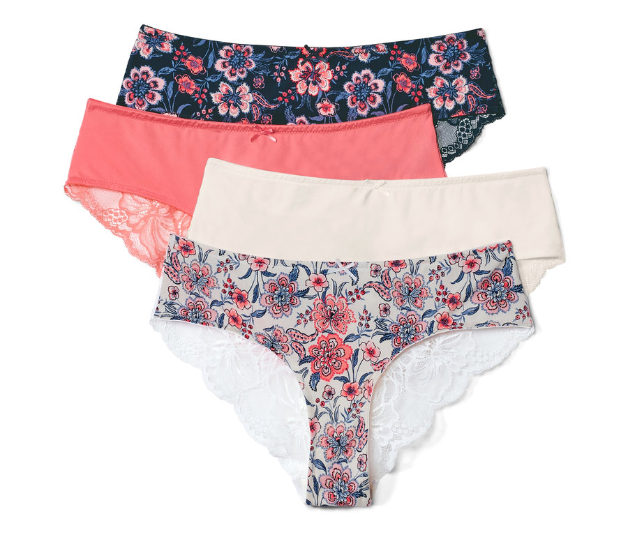 Štyri brazílske nohavičky rôznych farieb a vzorov ležia na sebe.