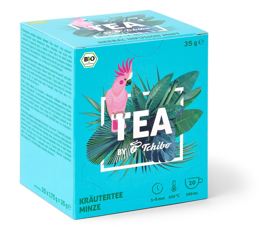 Balenie BIO TEA by Tchibo mäta s obrázkom kakadu a tropických listov.