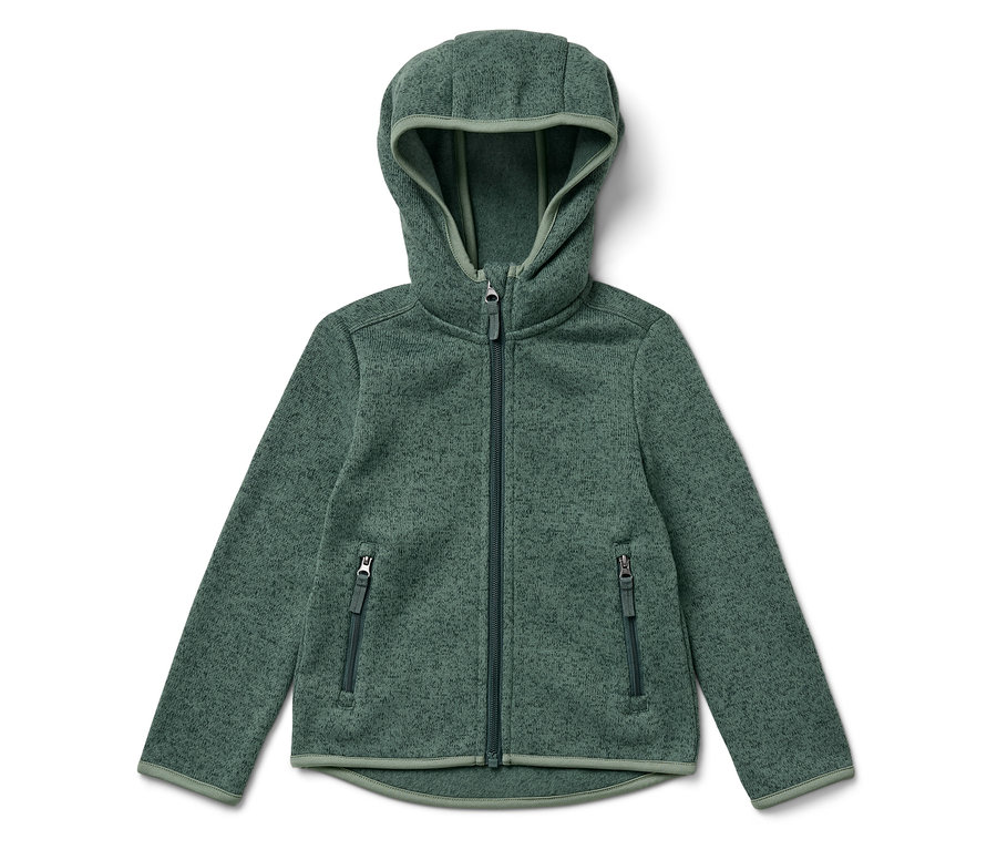 Zelená fleecová mikina s kapucňou a zipsom v strede.