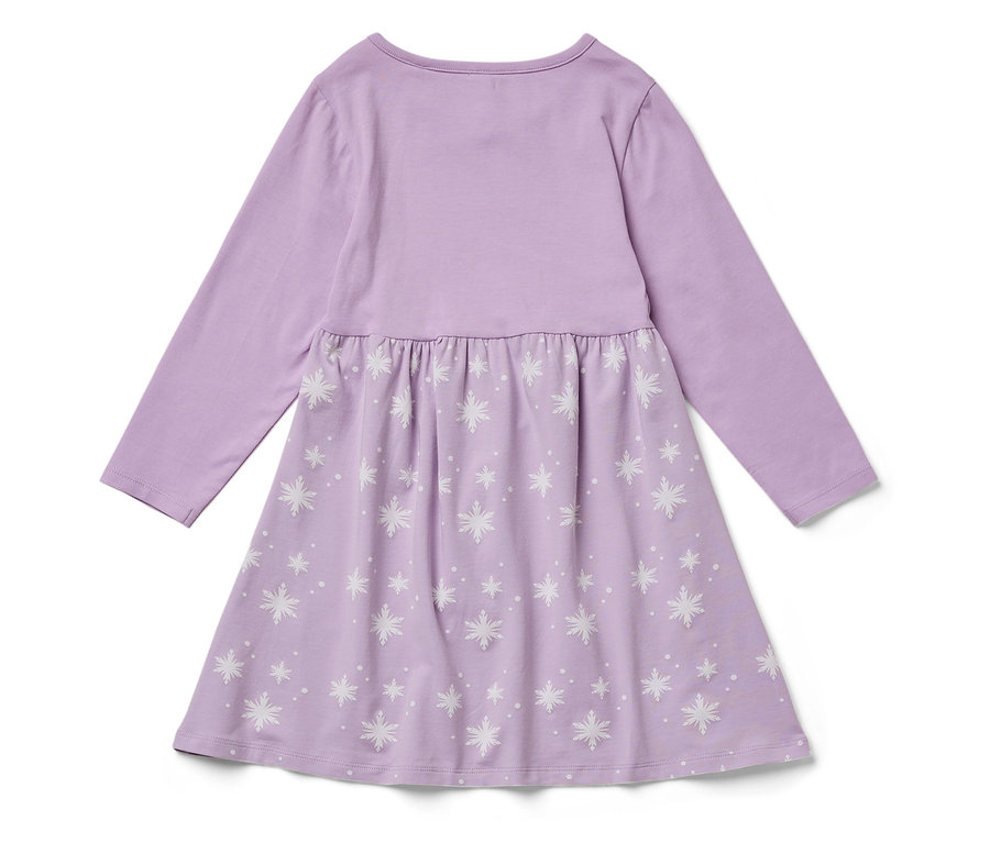 Fialové šaty s dlhým rukávom a potlačou bielych snehových vločiek.