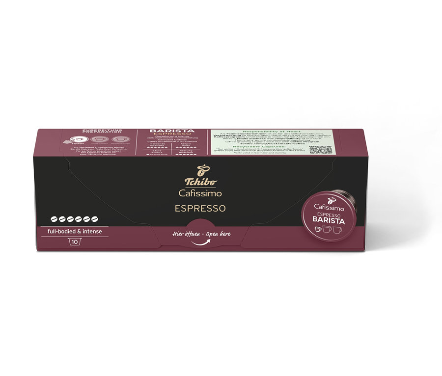 Balenie 10 kapsúl Cafissimo BARISTA Espresso. Tmavohnedá krabička s čiernym stredom a nápisom Cafissimo ESPRESSO.