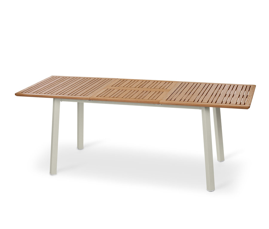 Rozkladací stôl »Liska« s drevenou doskou a svetlými nohami.