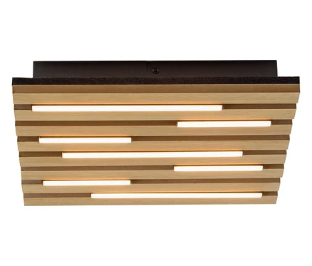 Štvorcové akustické stropné svietidlo Just Light s tmavou základňou a horizontálnymi drevenými lamelami, medzi ktorými sú viditeľné osvetlené svetelné pásy.