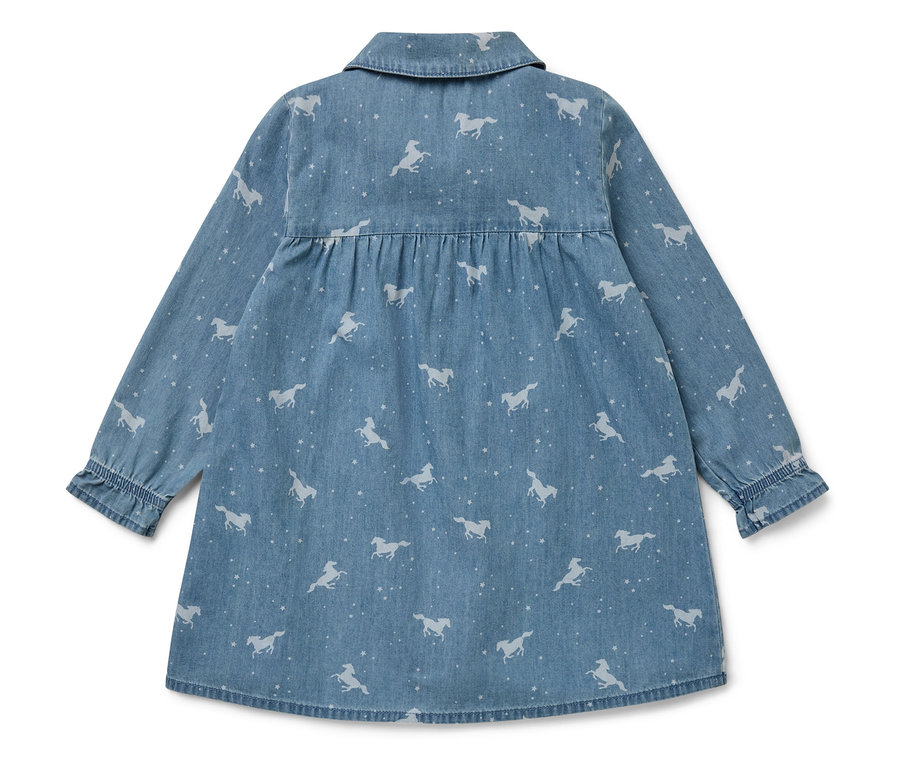 Modré šaty s potlačou koní a dlhými rukávmi.