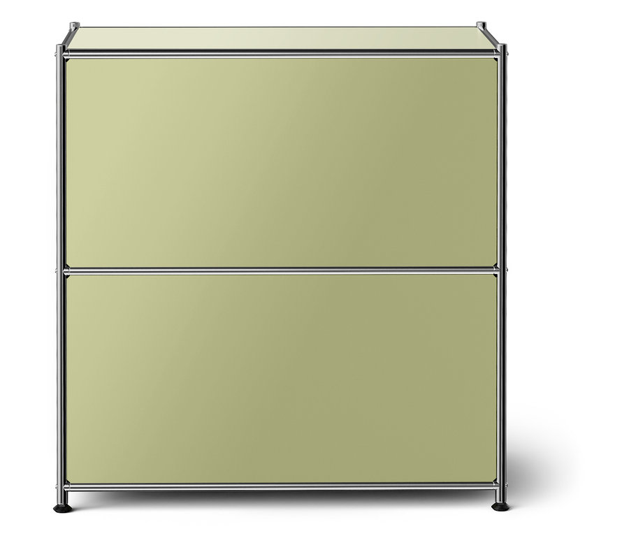 Zatvorená svetlozelená skrinka s dvoma policami a strieborným rámom.