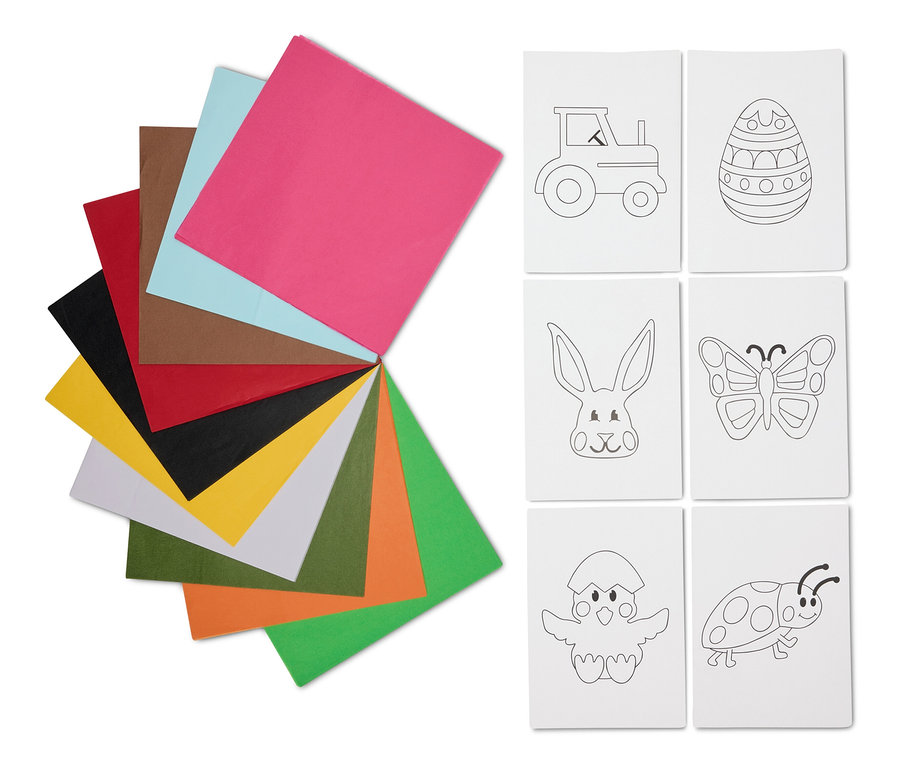 Viacfarebná remeselná plsť vľavo, šesť veľkonočných motívov na vyfarbenie vpravo.