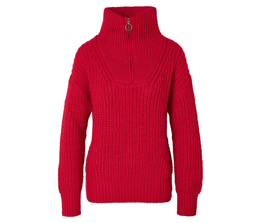 Červený pletený sveter s rolákom a krátkym zipsom.