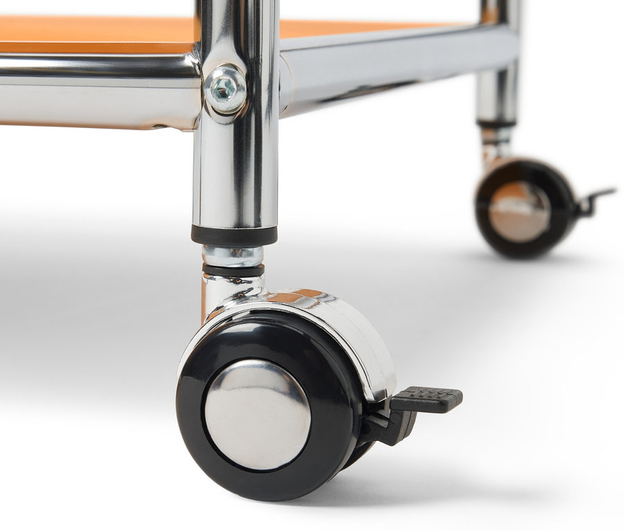 Detail kovového nočného stolíka so zásuvkou »CN3« s kolieskami.