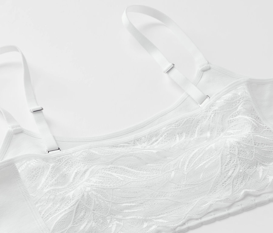 Detail bielej bezšvovej podprsenky s čipkou.