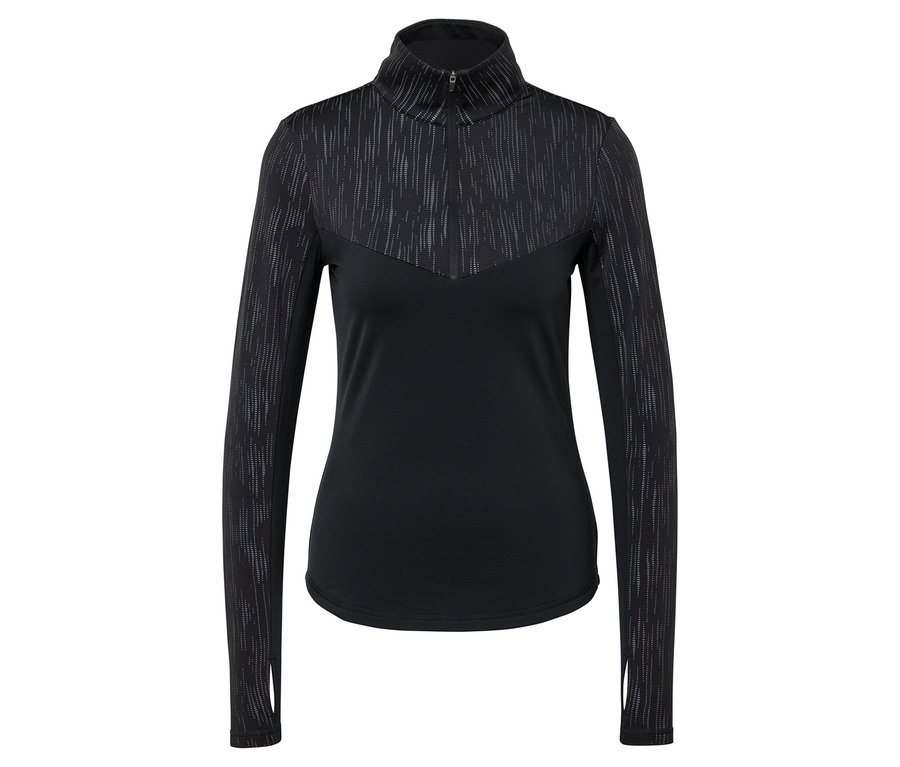 Čierne tričko s dlhým rukávom a textúrovanými detailmi na ramenách a hornej časti.