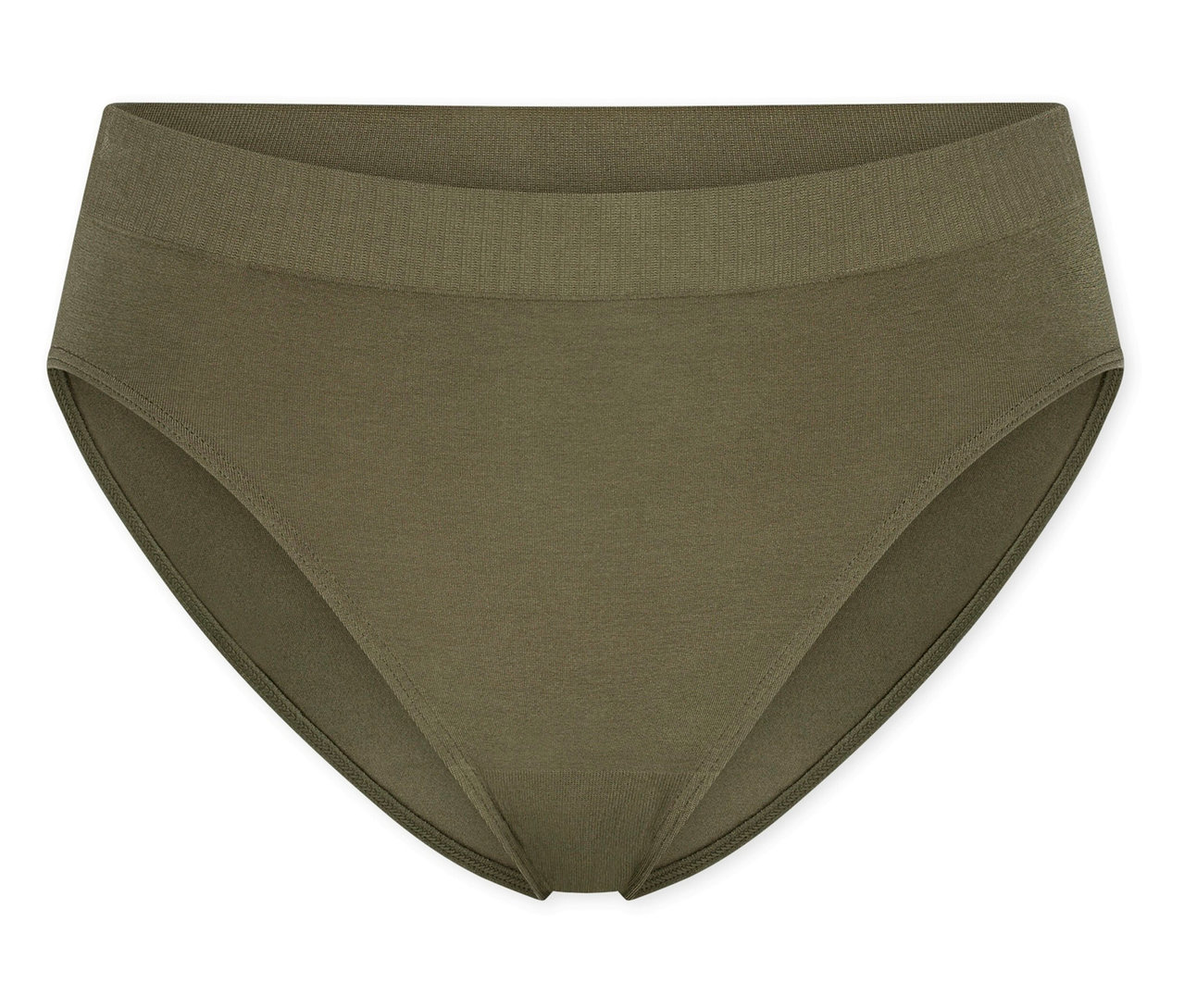 Olivovozelené nohavičky SCHIESSER Rio-Slip s rebrovaným pásom, položené naplocho na bielom pozadí.