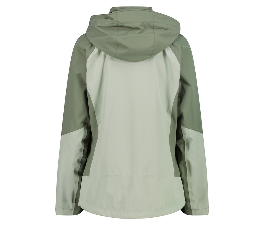 Pohľad zozadu na svetlozelenú a sivú bundu s kapucňou.
