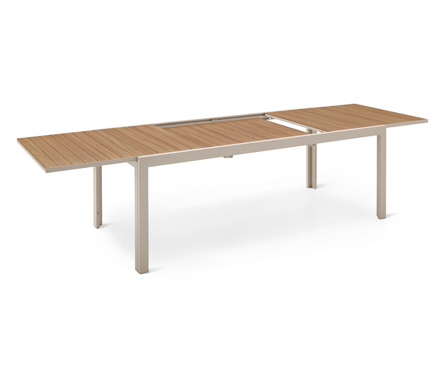 Rozložený záhradný stôl s drevenými panelmi a sivým kovovým rámom.