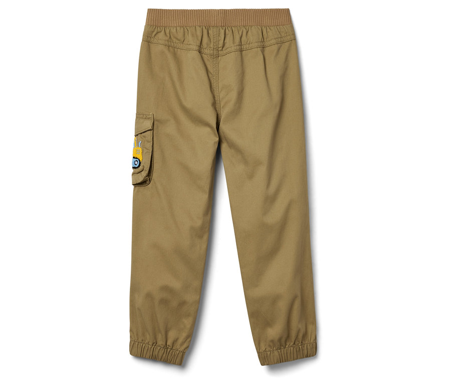 Khaki nohavice s elastickým pásom a našitým vreckom s aplikáciou bagra.