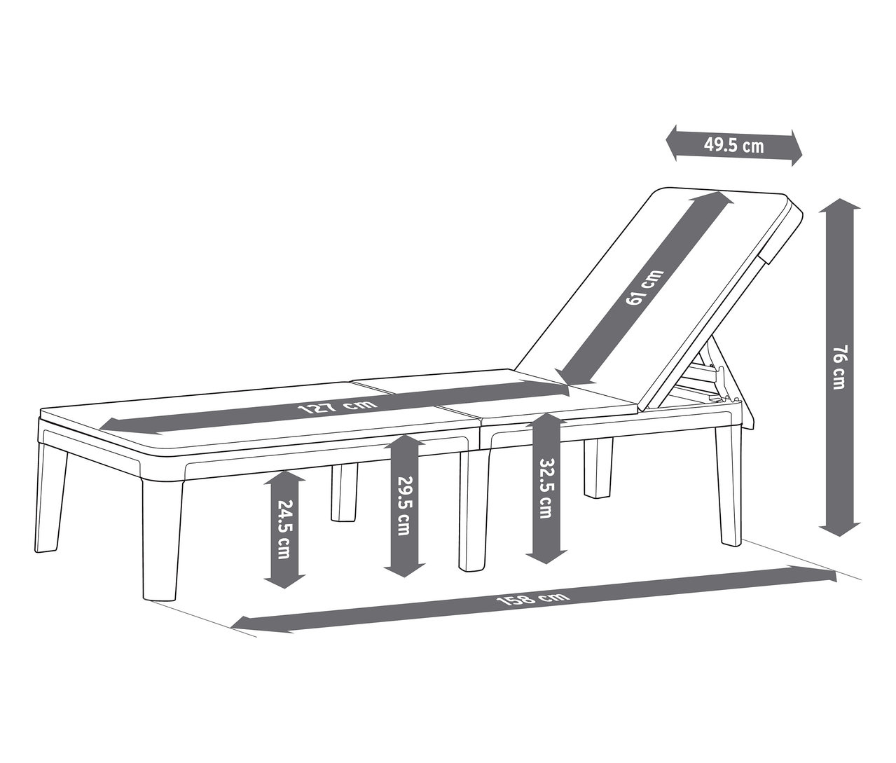 Obrázok ležadla s rozmermi v centimetroch.
