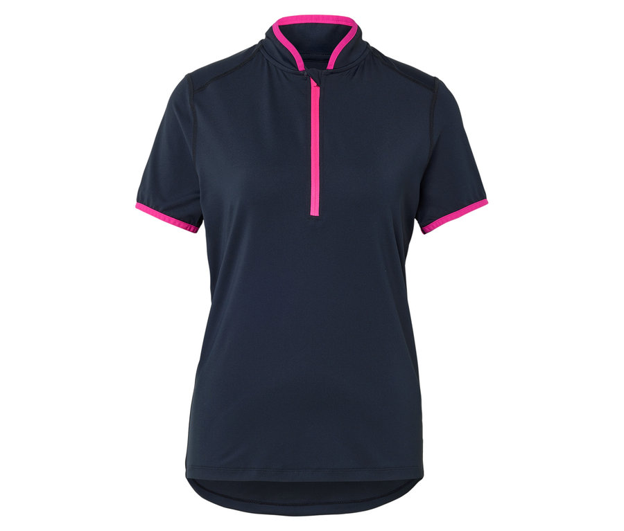 Tmavomodrý športový top s krátkym rukávom a ružovým zipsom.