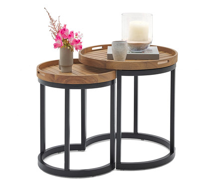 2 záhradné odkladacie stolíky s odnímateľnými podnosmi, Ø cca 40 cm a 50 cm