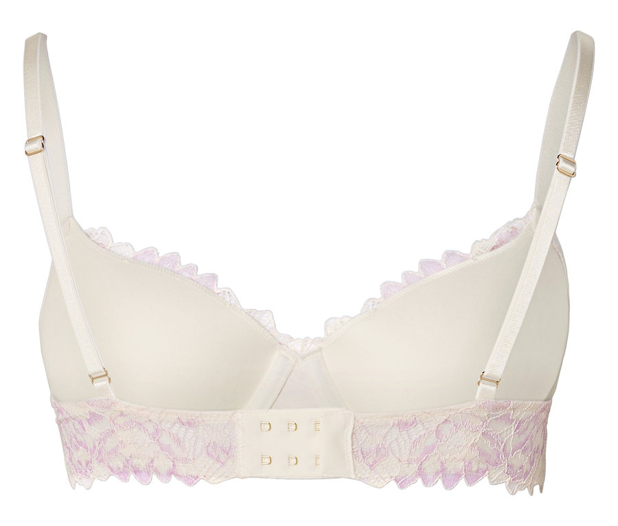 Pohľad zozadu na bielu podprsenku s jemnou fialovou čipkou na okrajoch.