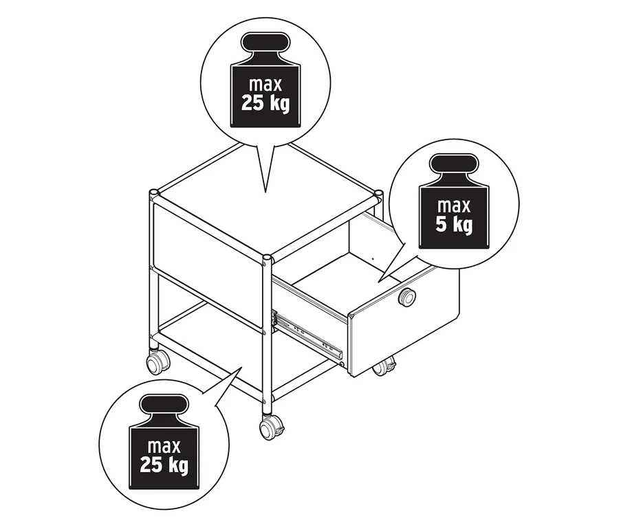 Pohľad zhora na kovový nočný stolík »CN3« so zásuvkou, maximálne zaťaženie hore a dole 25 kg, zásuvka maximálne 5 kg.