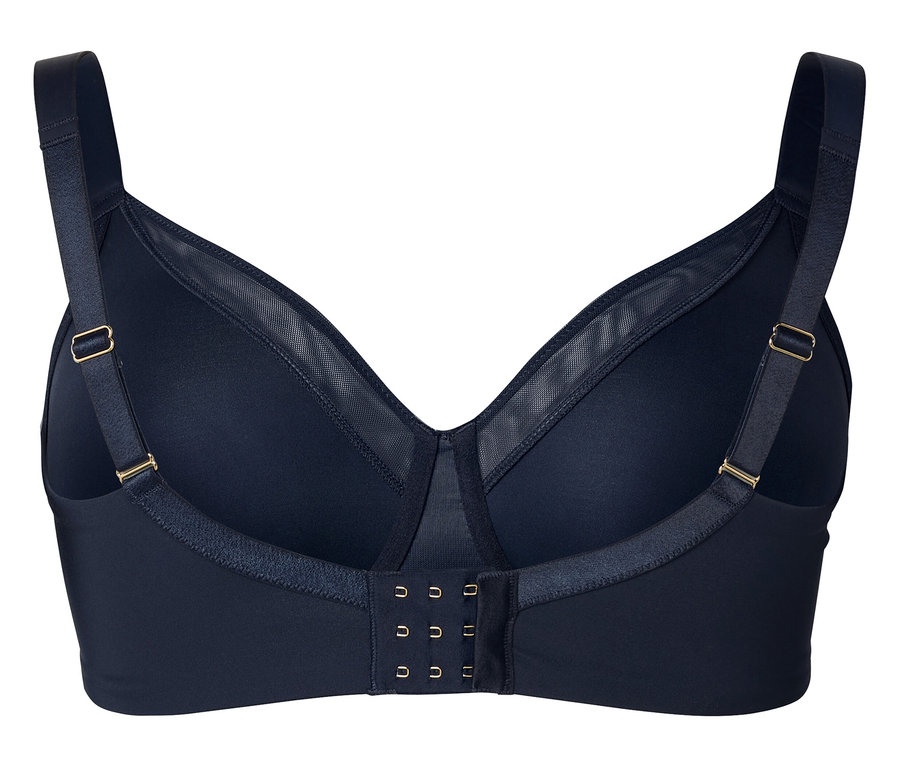 Pohľad zhora na tmavomodrú podprsenku s trojitým háčikovým zapínaním.