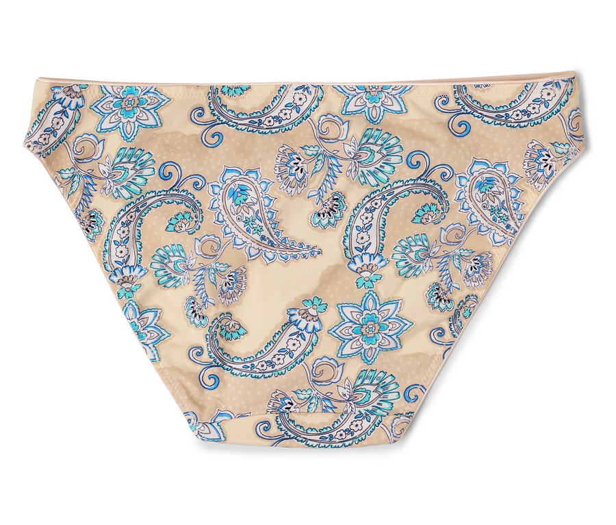 Nohavice s modrým kvetinovým vzorom na béžovom pozadí.