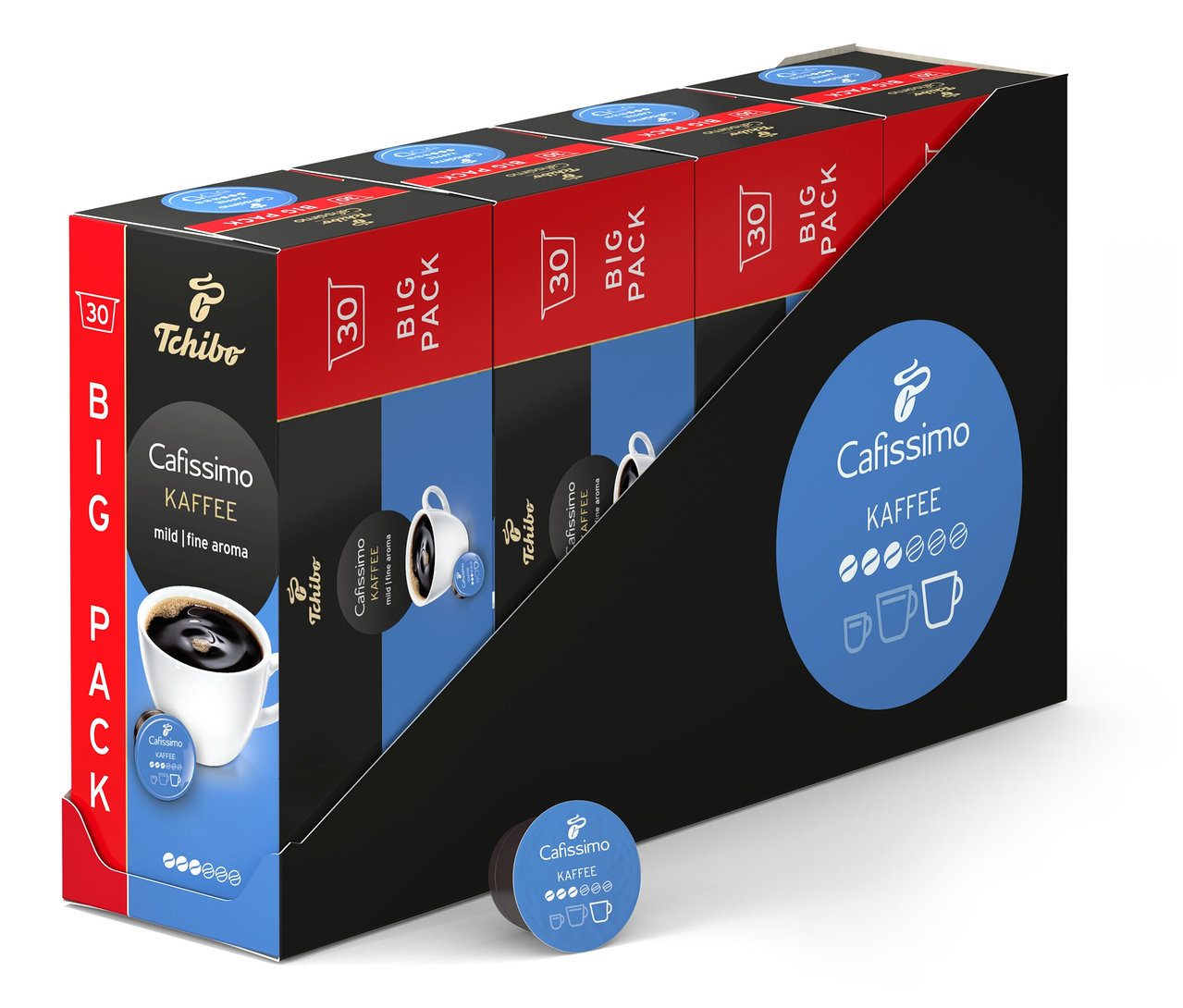 Na pulte je päť balení Cafissimo Kaffee. Vpredu leží jedna kapsula.