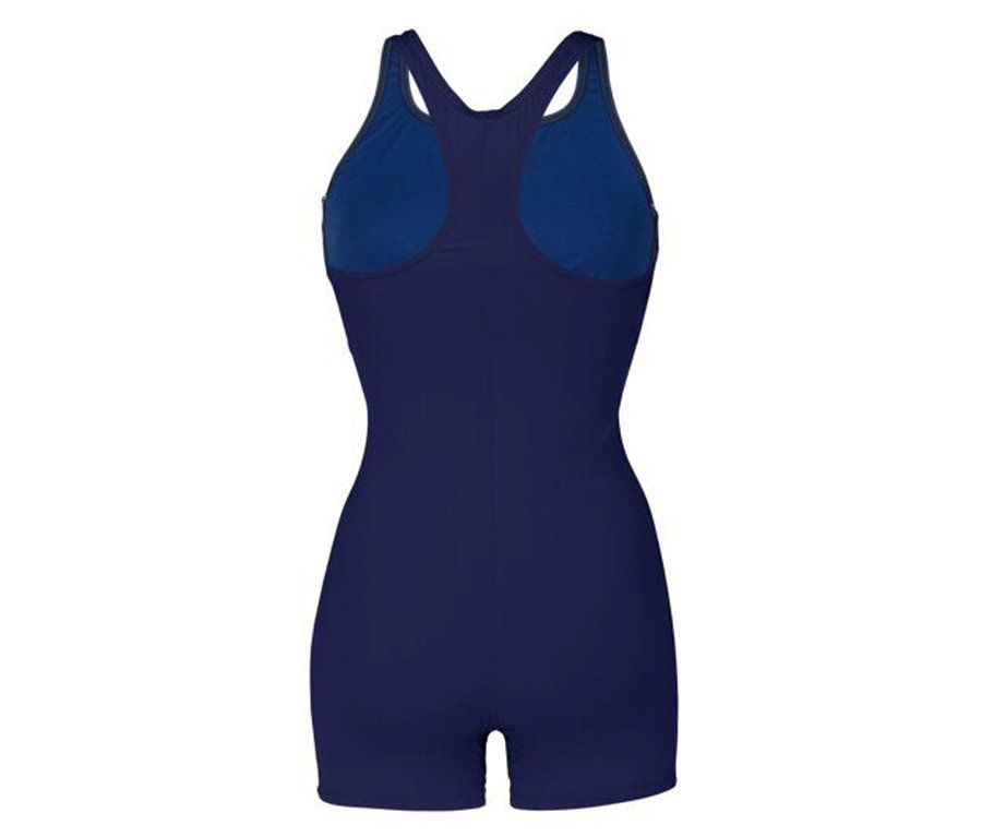 Pohľad zozadu na námornícke modré plavky so športovým chrbtom a krátkymi nohavicami.