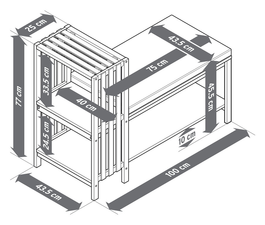 Detailná schematická kresba lavice s priehradkou na topánky a policou v lamelovom vzhľade s rozmermi.