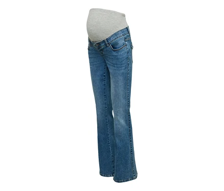 Modré rozšírené džínsy MAMALICIOUS Flared Pocket Jeans »KAIRO« so sivým tehotenským pásom.