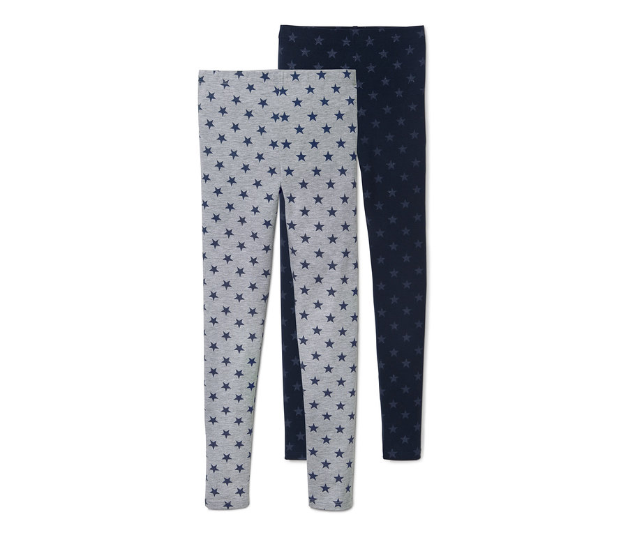 Dvoje legíny s hviezdami, jedny sivé a jedny tmavomodré.