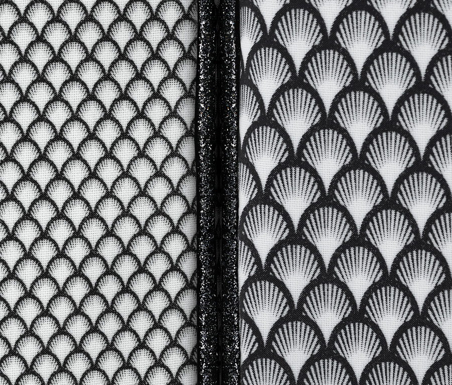 Detail dvoch kozmetických taštičiek zo súpravy kozmetických taštičiek s čierno-bielym vzorom.