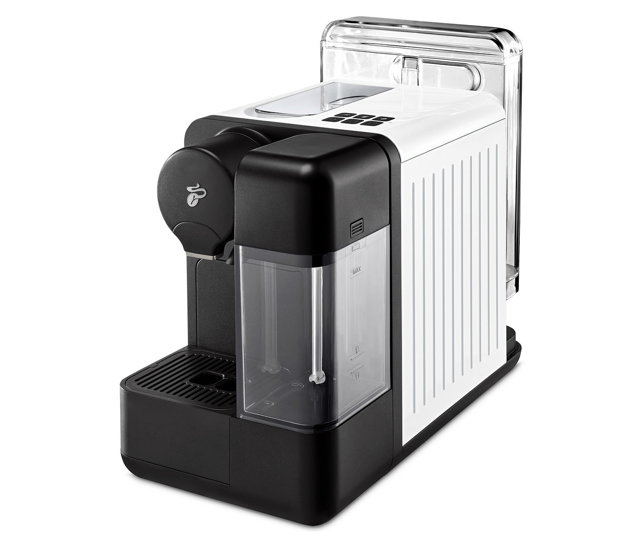 Čierno-biely kávovar Cafissimo milk, biela farba spredu.