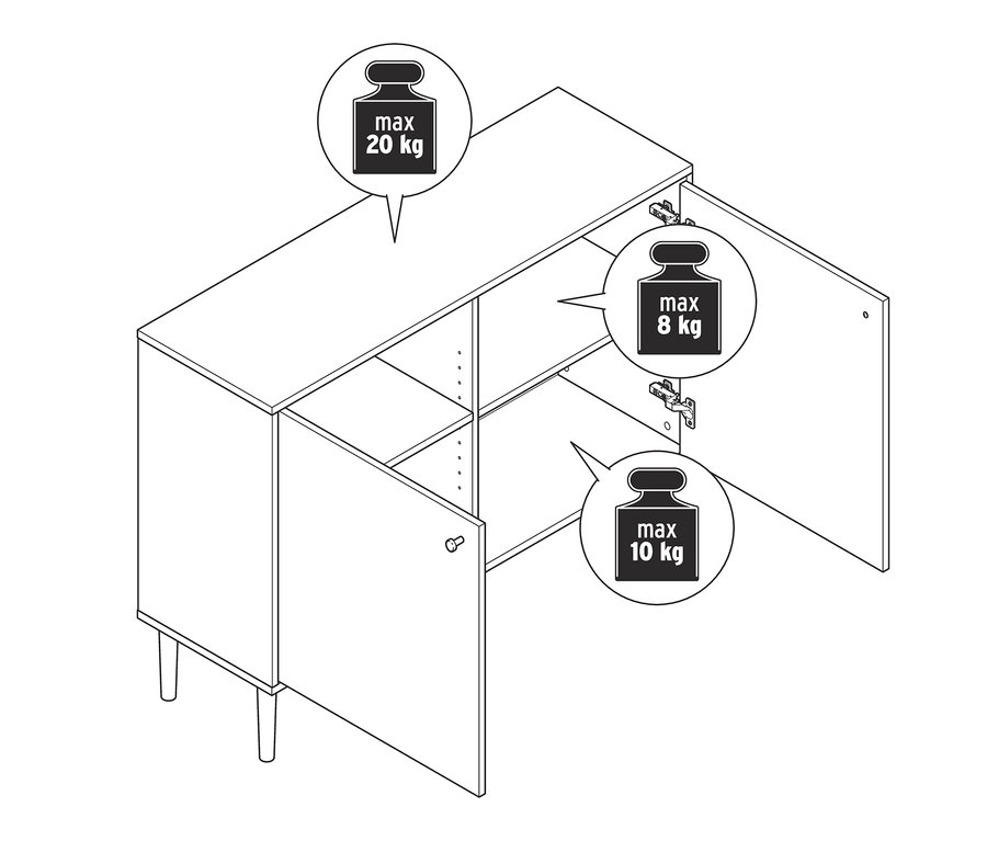 Otvorená komoda s 2 dvierkami a štítkami s maximálnou hmotnosťou.
