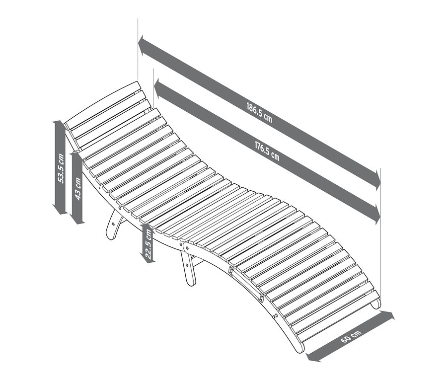 Ilustrácia skladacieho ležadla s vlnitým tvarom »Lenja« s rozmermi.