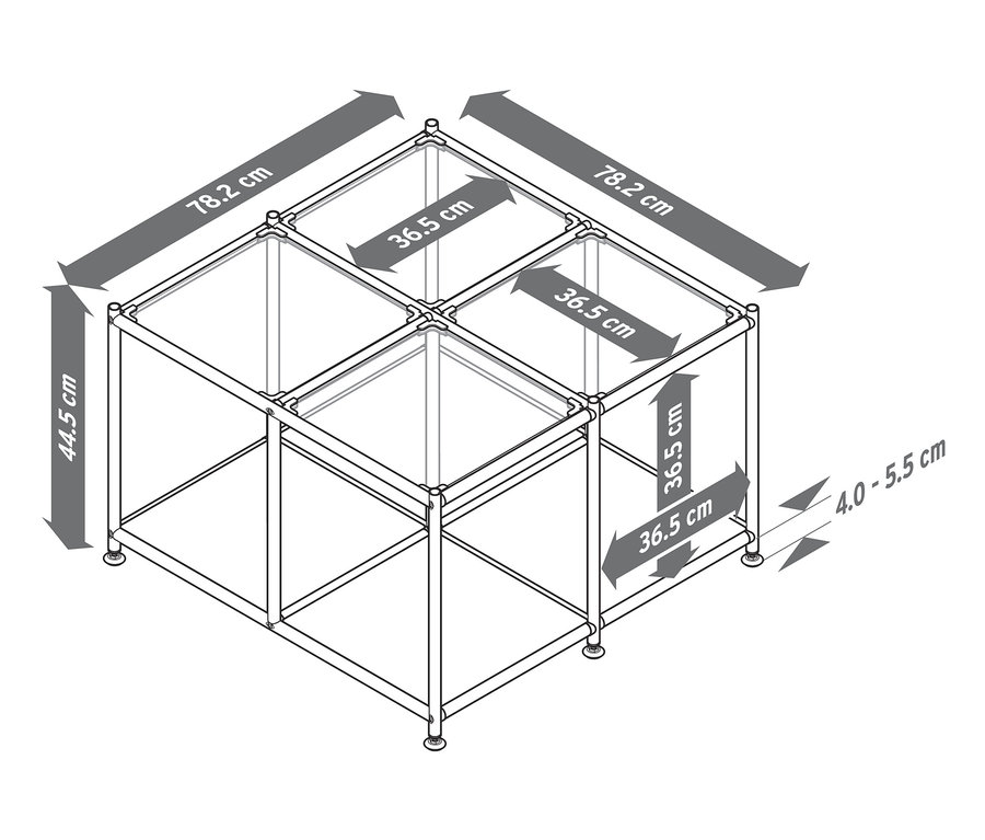 Rozmery kovového konferenčného stolíka CN3 so 4 sklenenými doskami: 78,2 x 78,2 x 44,5 cm.