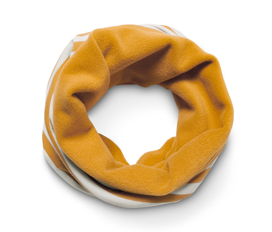 Žltá multifunkčná šatka s bielymi pruhmi.