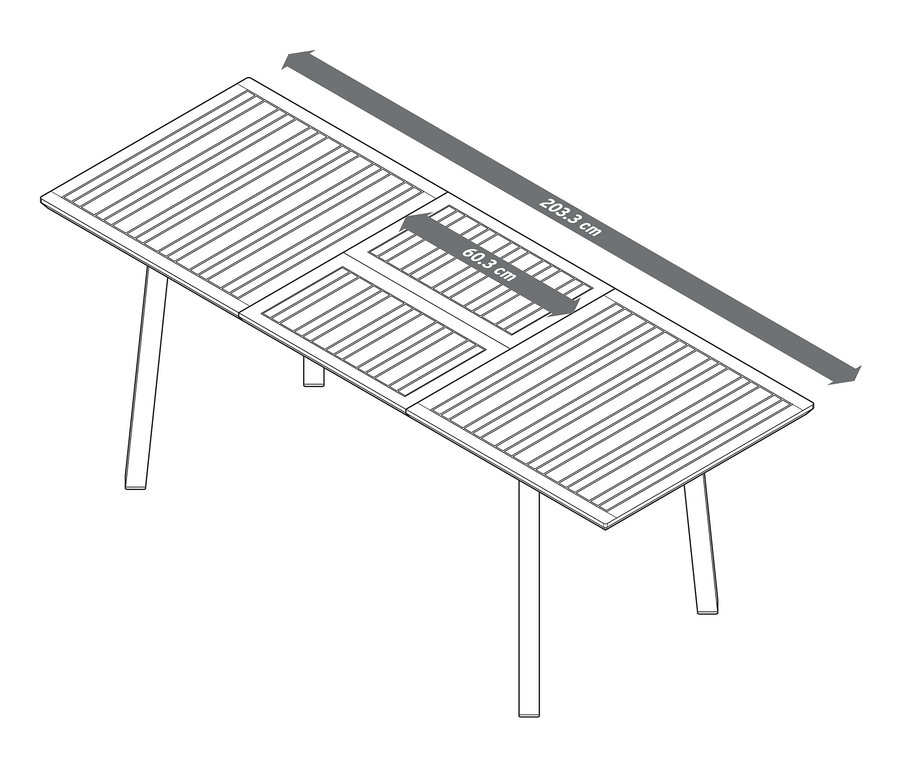 Nákres rozkladacieho záhradného stola Liska s rozmermi cca 143/203 cm.